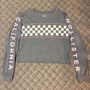 Hollister Gray White Pink Checkered Graphic Crewneck Long Sleeve Tee * Size S
